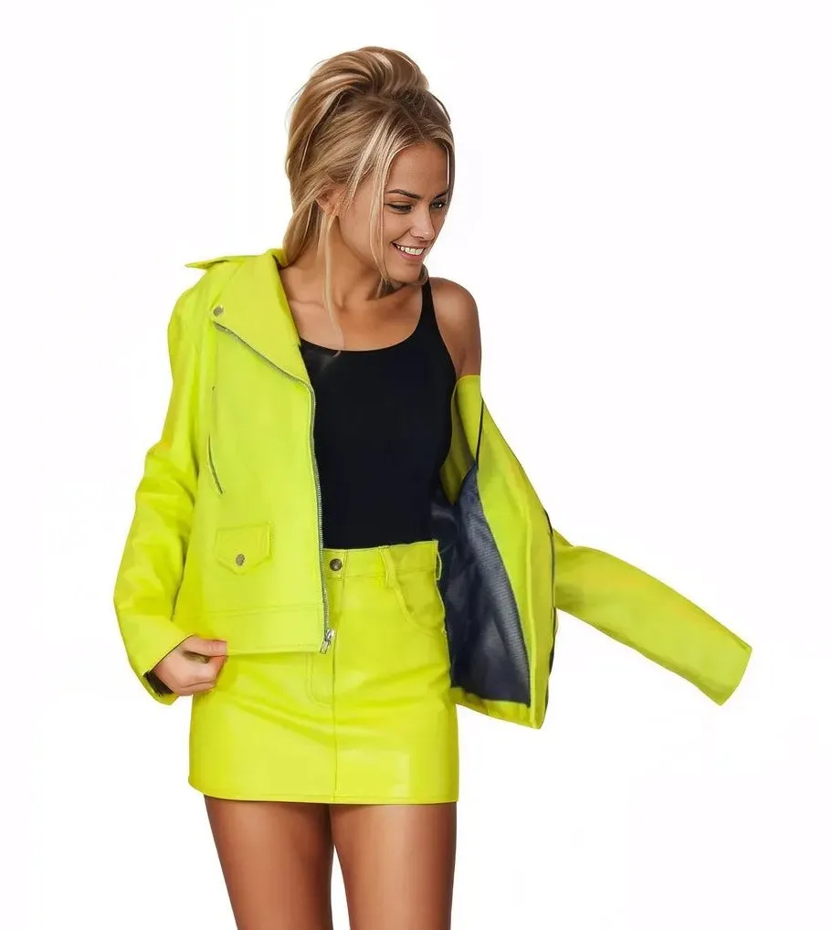 Handcrafted Women's Sheepskin Leather Trucker Jacket – Premium Style Lime Green