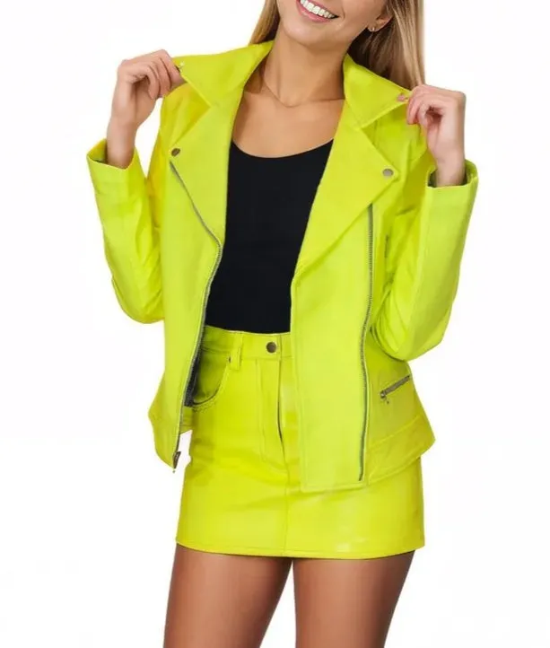 Handcrafted Women's Sheepskin Leather Trucker Jacket – Premium Style Lime Green