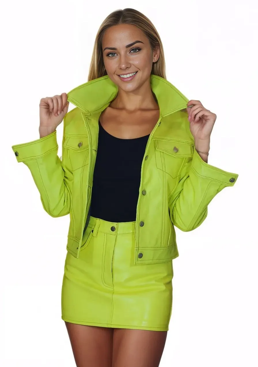 Handcrafted Women's Sheepskin Leather Trucker Jacket – Premium Style Lime Green