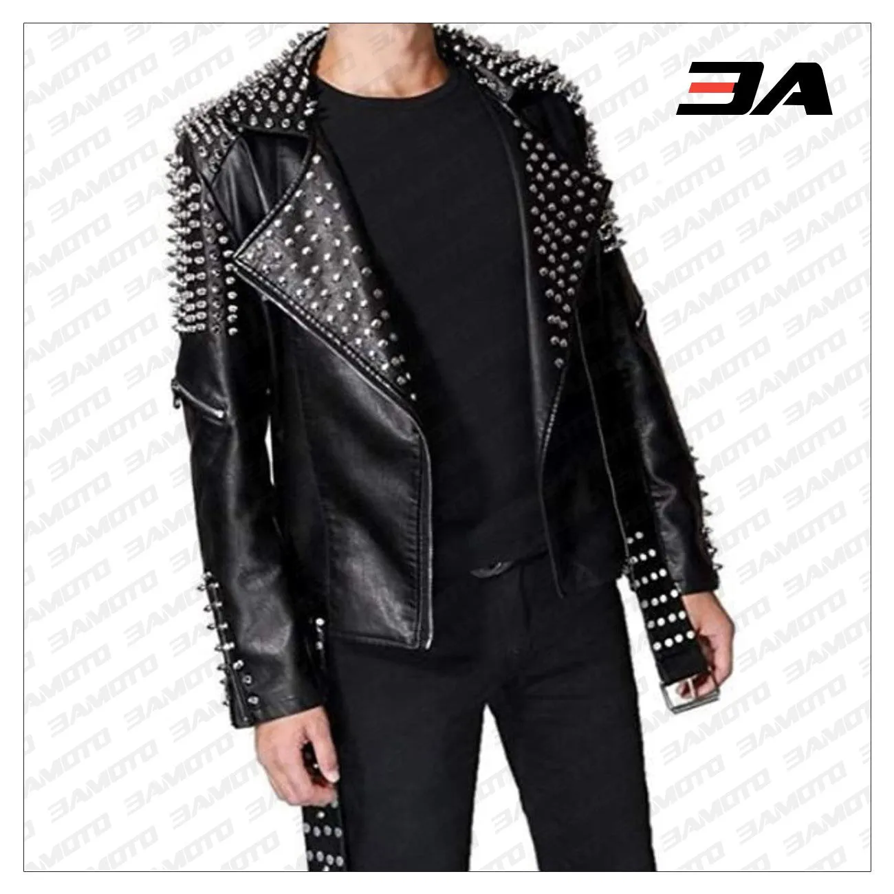 Handmade Men's Black Fashion Studded Punk Style Leather Jacket
