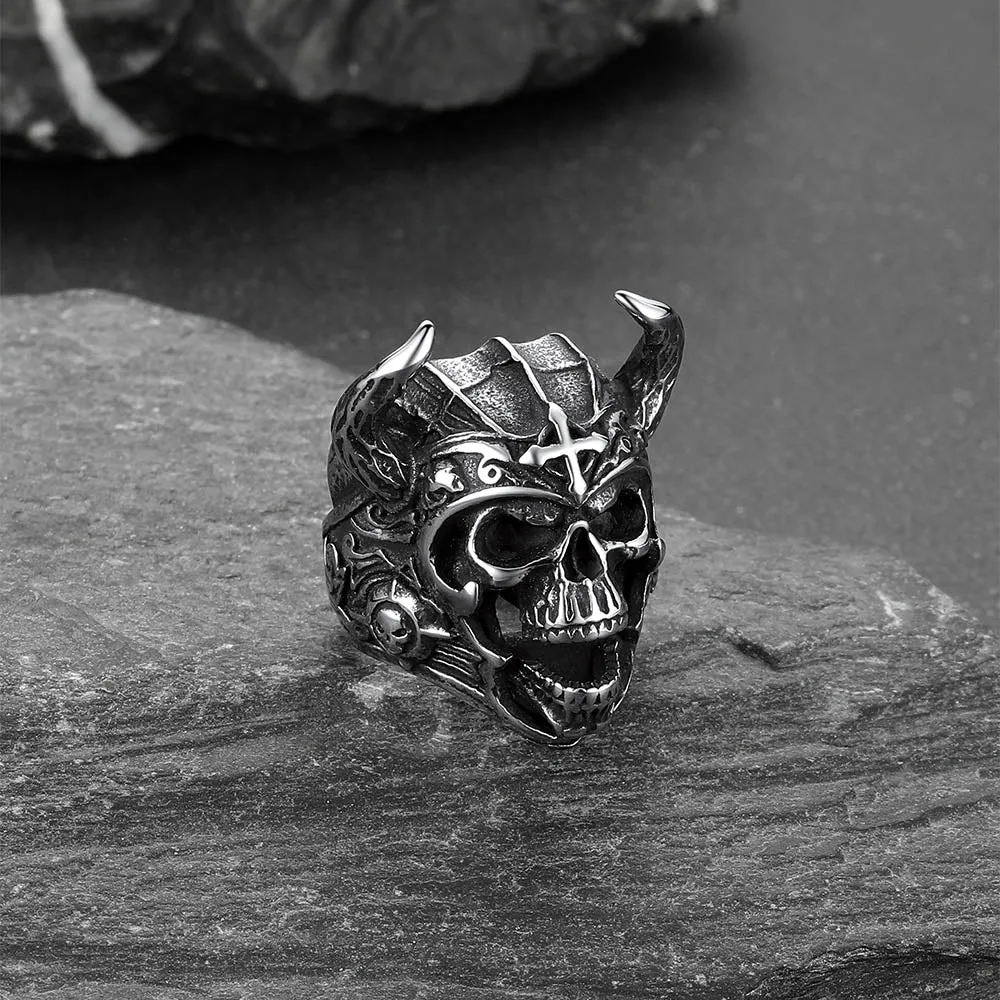 Heavy Metal Demon Skull Ring with Horns for Men