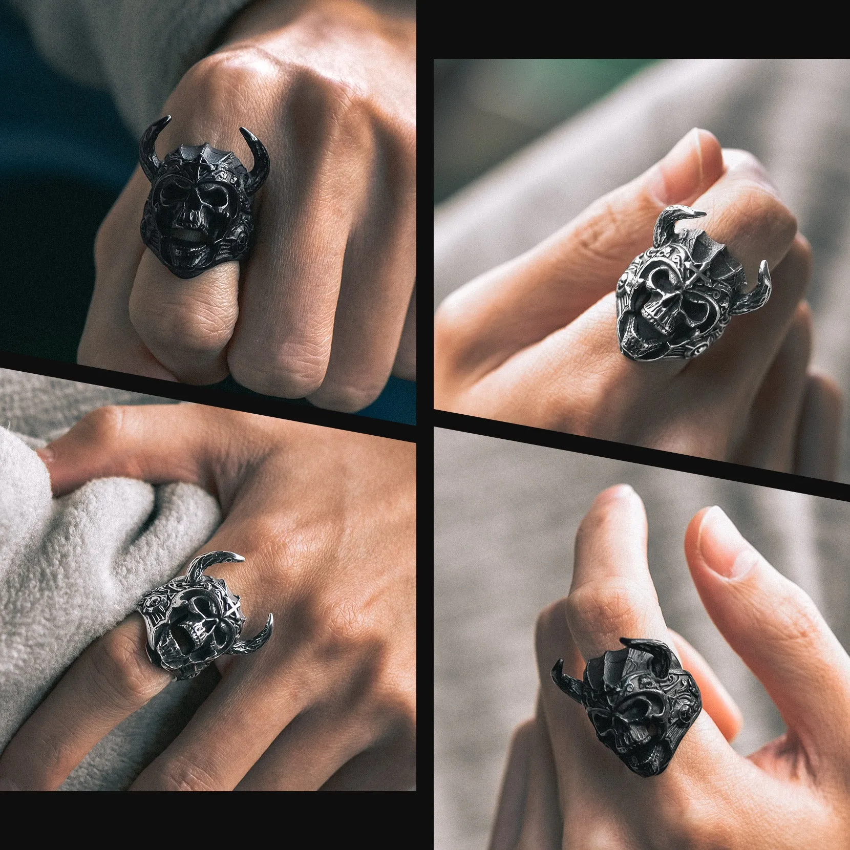 Heavy Metal Demon Skull Ring with Horns for Men