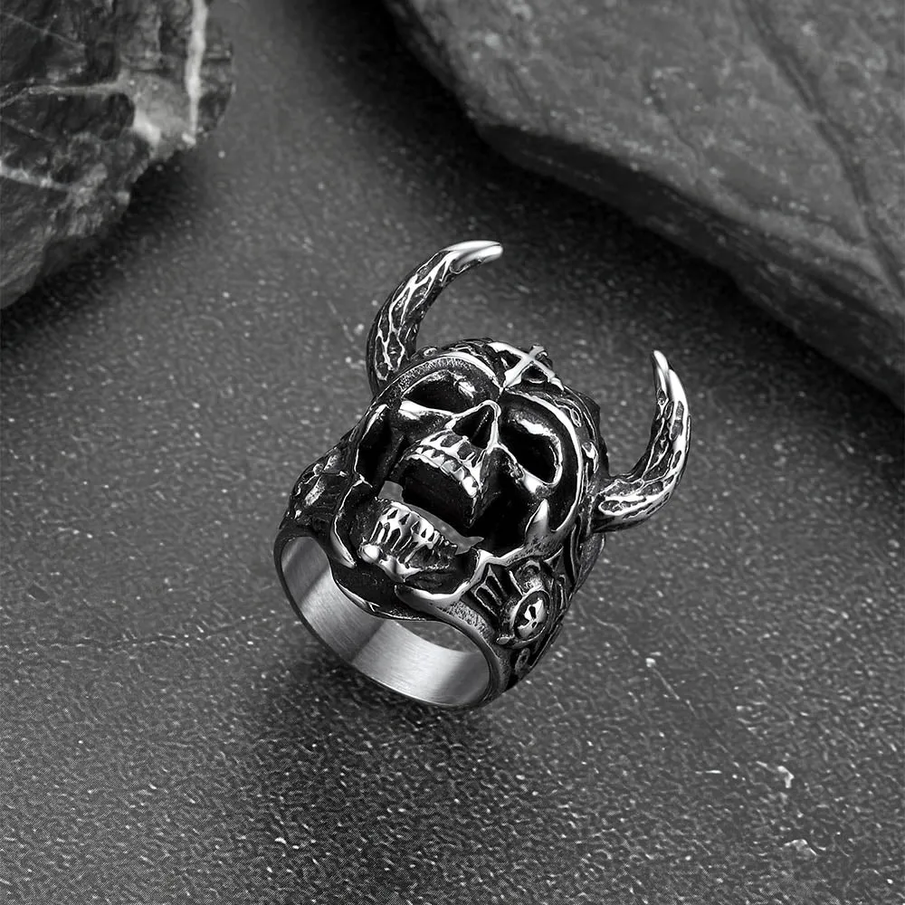 Heavy Metal Demon Skull Ring with Horns for Men
