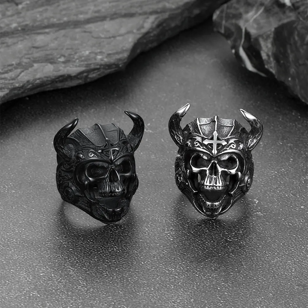 Heavy Metal Demon Skull Ring with Horns for Men