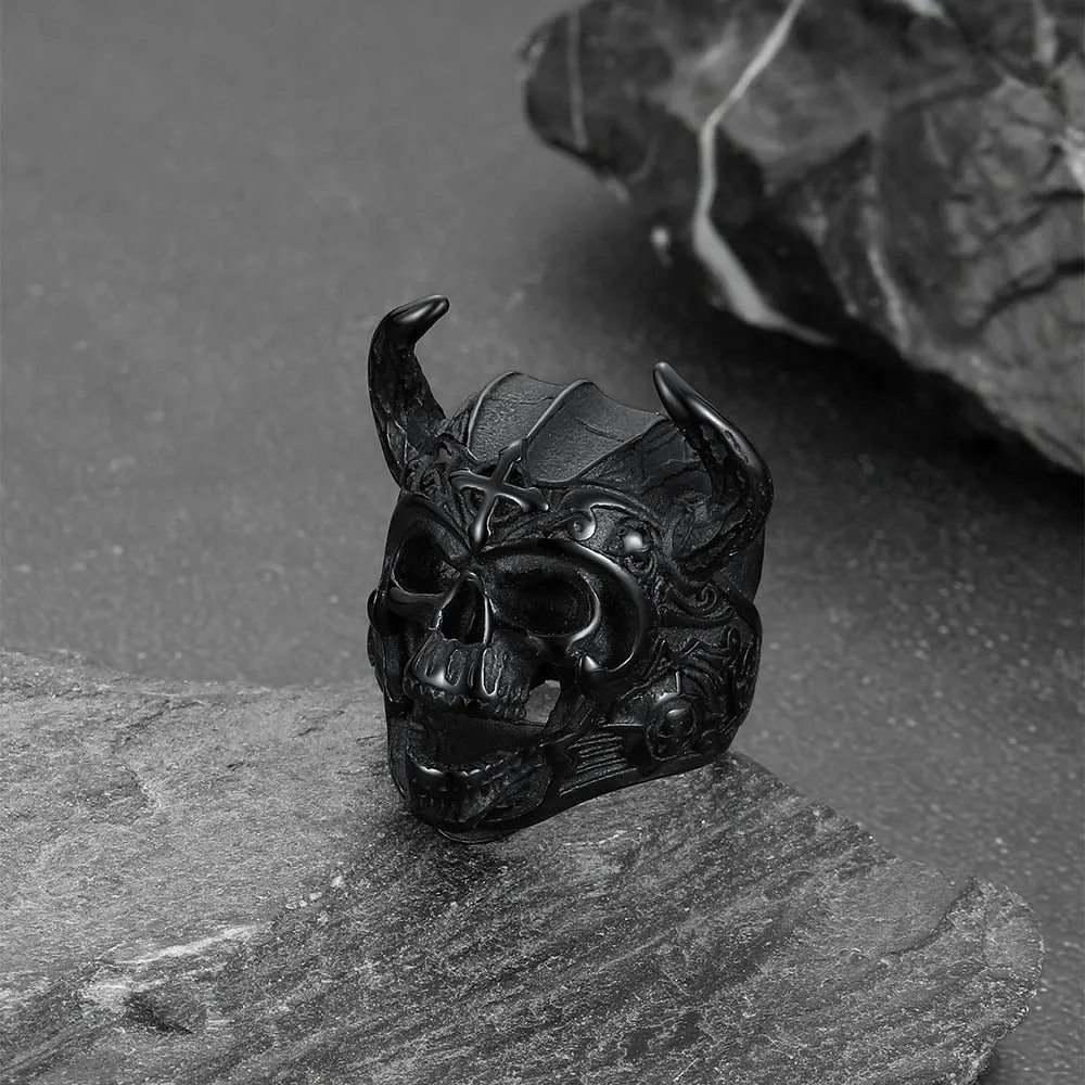 Heavy Metal Demon Skull Ring with Horns for Men