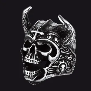 Heavy Metal Demon Skull Ring with Horns for Men
