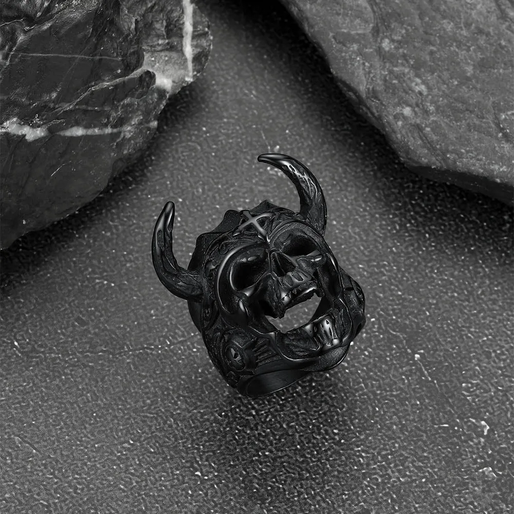 Heavy Metal Demon Skull Ring with Horns for Men