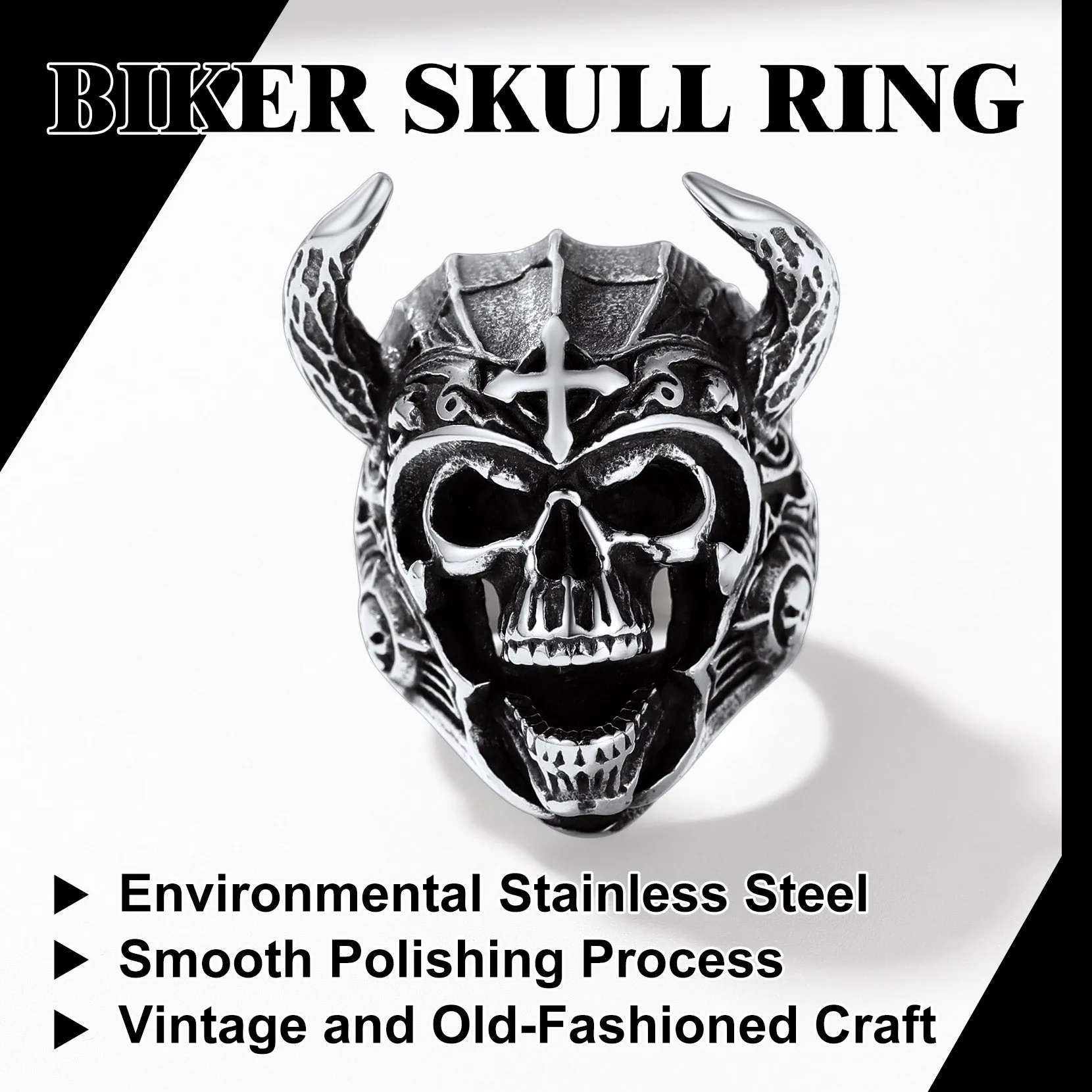 Heavy Metal Demon Skull Ring with Horns for Men