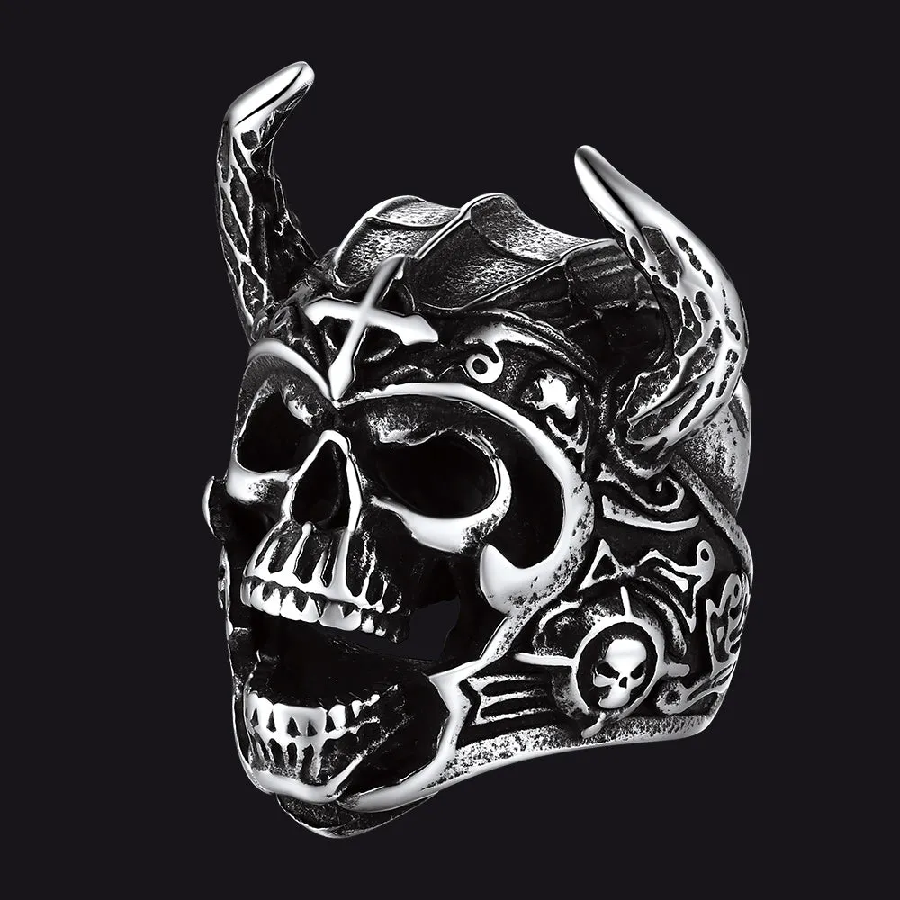 Heavy Metal Demon Skull Ring with Horns for Men