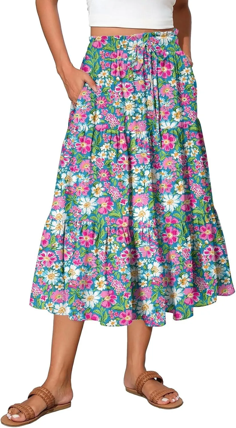 High Waisted Skirts for Women Summer Midi Skirt Drawstring Can Adjust The Waist Size Flowy Floral Boho Trendy Skirt