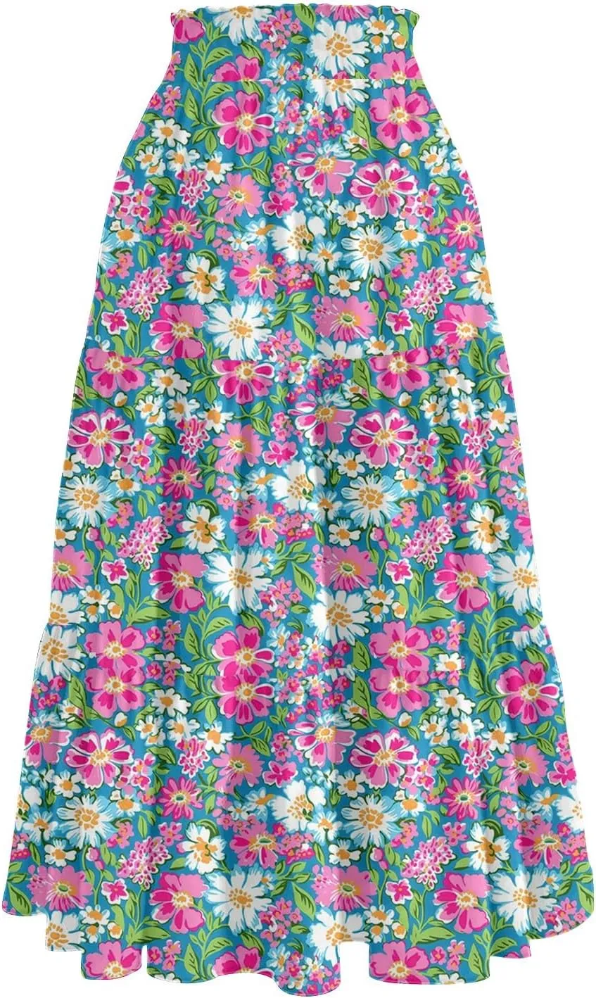High Waisted Skirts for Women Summer Midi Skirt Drawstring Can Adjust The Waist Size Flowy Floral Boho Trendy Skirt