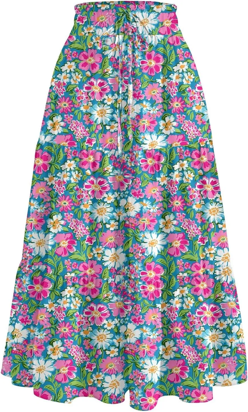 High Waisted Skirts for Women Summer Midi Skirt Drawstring Can Adjust The Waist Size Flowy Floral Boho Trendy Skirt