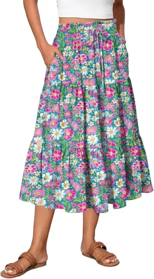 High Waisted Skirts for Women Summer Midi Skirt Drawstring Can Adjust The Waist Size Flowy Floral Boho Trendy Skirt