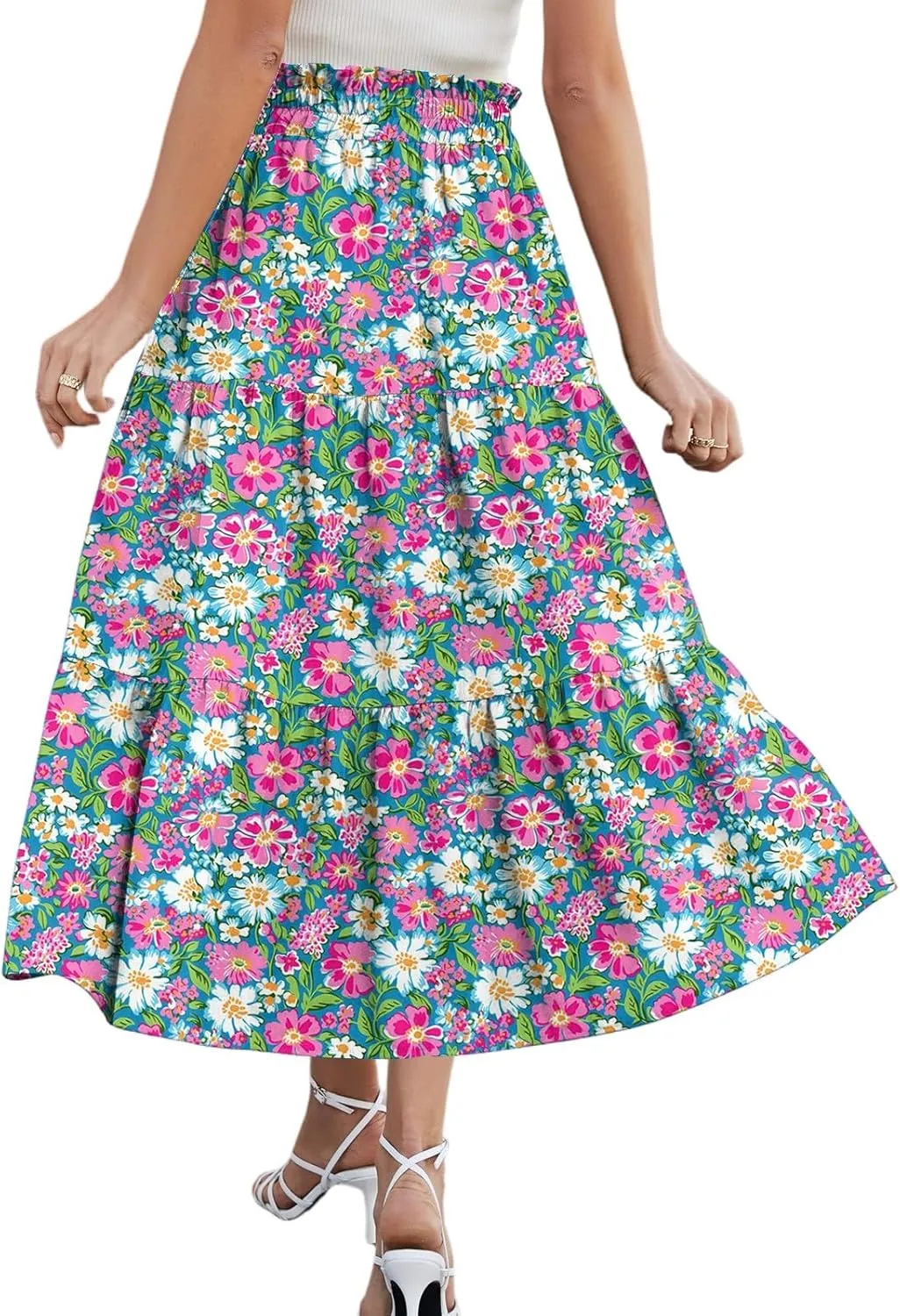 High Waisted Skirts for Women Summer Midi Skirt Drawstring Can Adjust The Waist Size Flowy Floral Boho Trendy Skirt