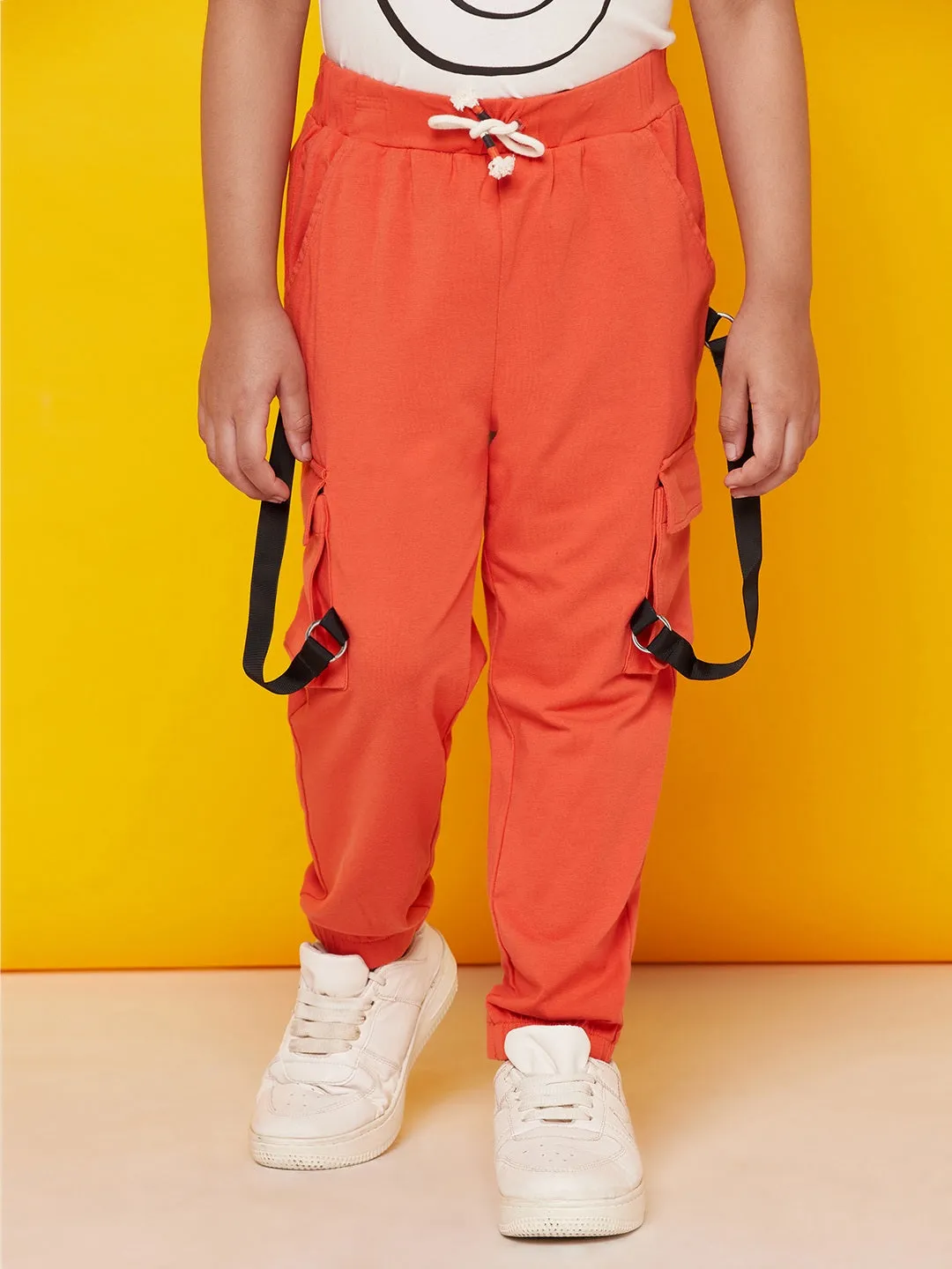 Kid Boys' White Smiley Printed T-Shirt with Orange Pants Set