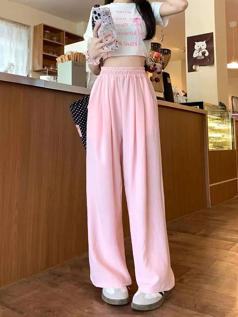 Korean Solid High-Waist Pants for Women – Trendy Vintage Long Trousers, Summer 2025