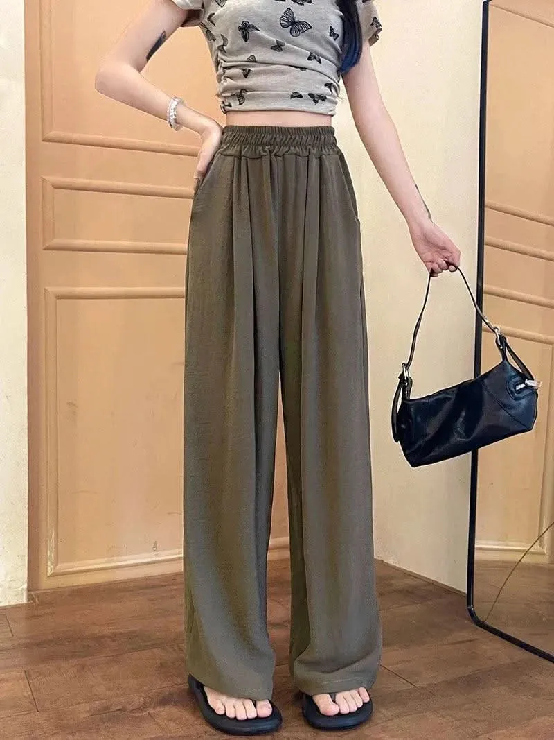 Korean Solid High-Waist Pants for Women – Trendy Vintage Long Trousers, Summer 2025