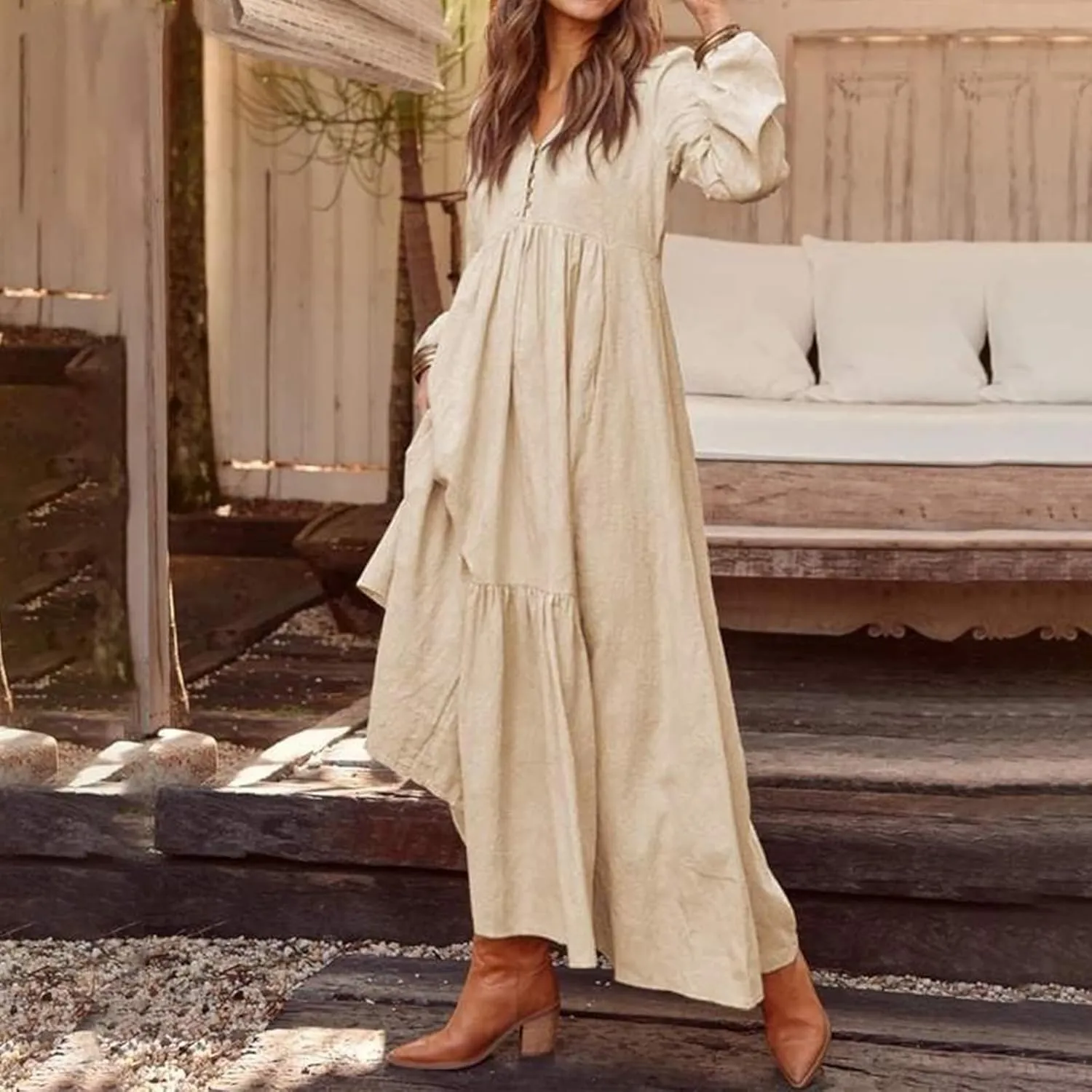 Linen Dress Women Button Front V Neck Long Sleeve Dress Pleated Tiered Ruffle Bottom Maxi Fall Dresses with Pockets