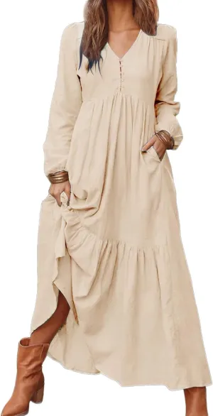Linen Dress Women Button Front V Neck Long Sleeve Dress Pleated Tiered Ruffle Bottom Maxi Fall Dresses with Pockets