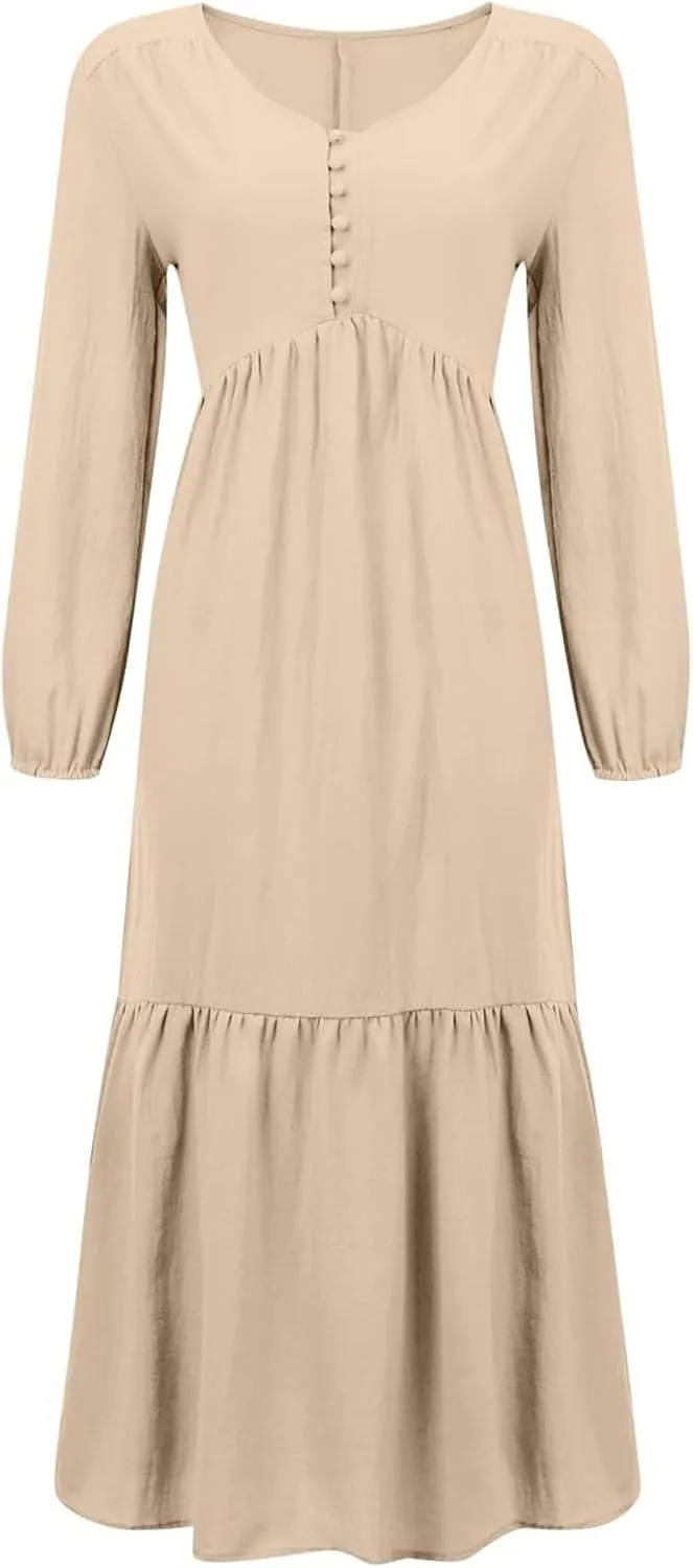 Linen Dress Women Button Front V Neck Long Sleeve Dress Pleated Tiered Ruffle Bottom Maxi Fall Dresses with Pockets