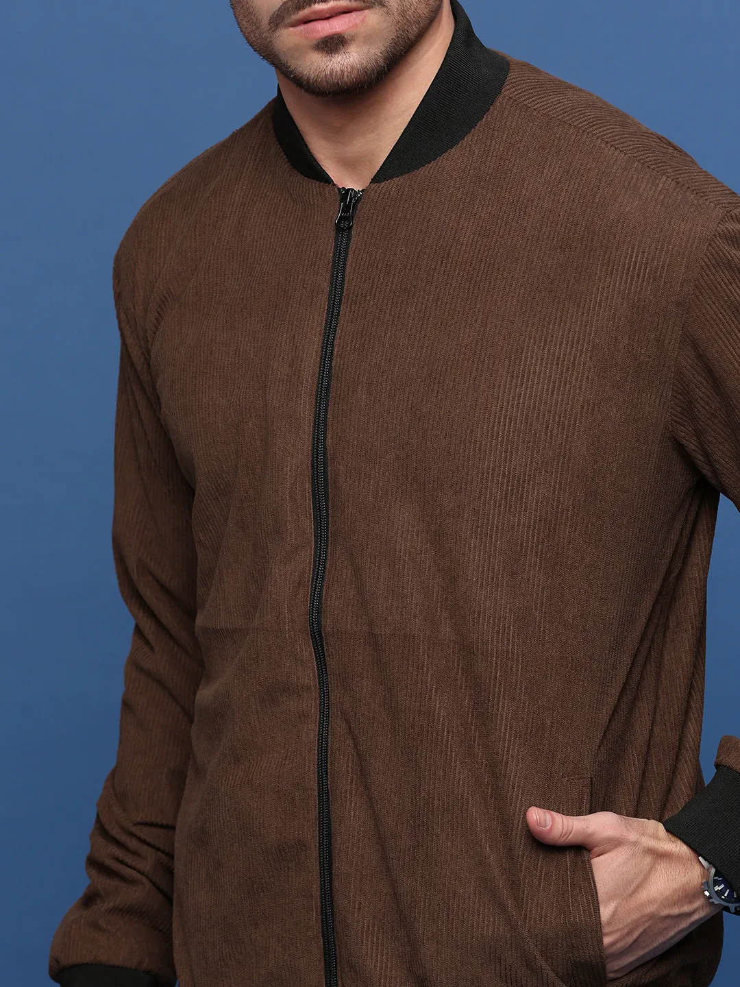 Men Brown Corduroy Windcheater Bomber Jacket