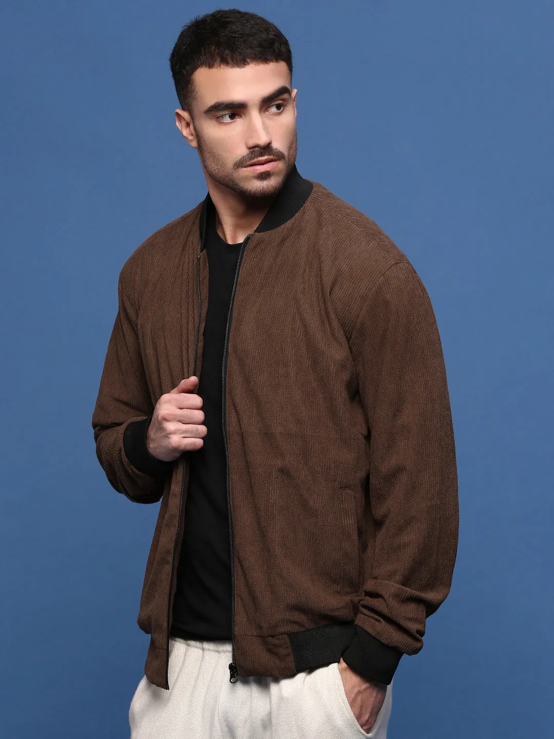 Men Brown Corduroy Windcheater Bomber Jacket