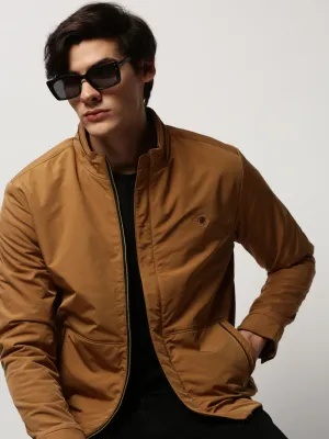 Men Brown Mock Collar Bomber Jacket