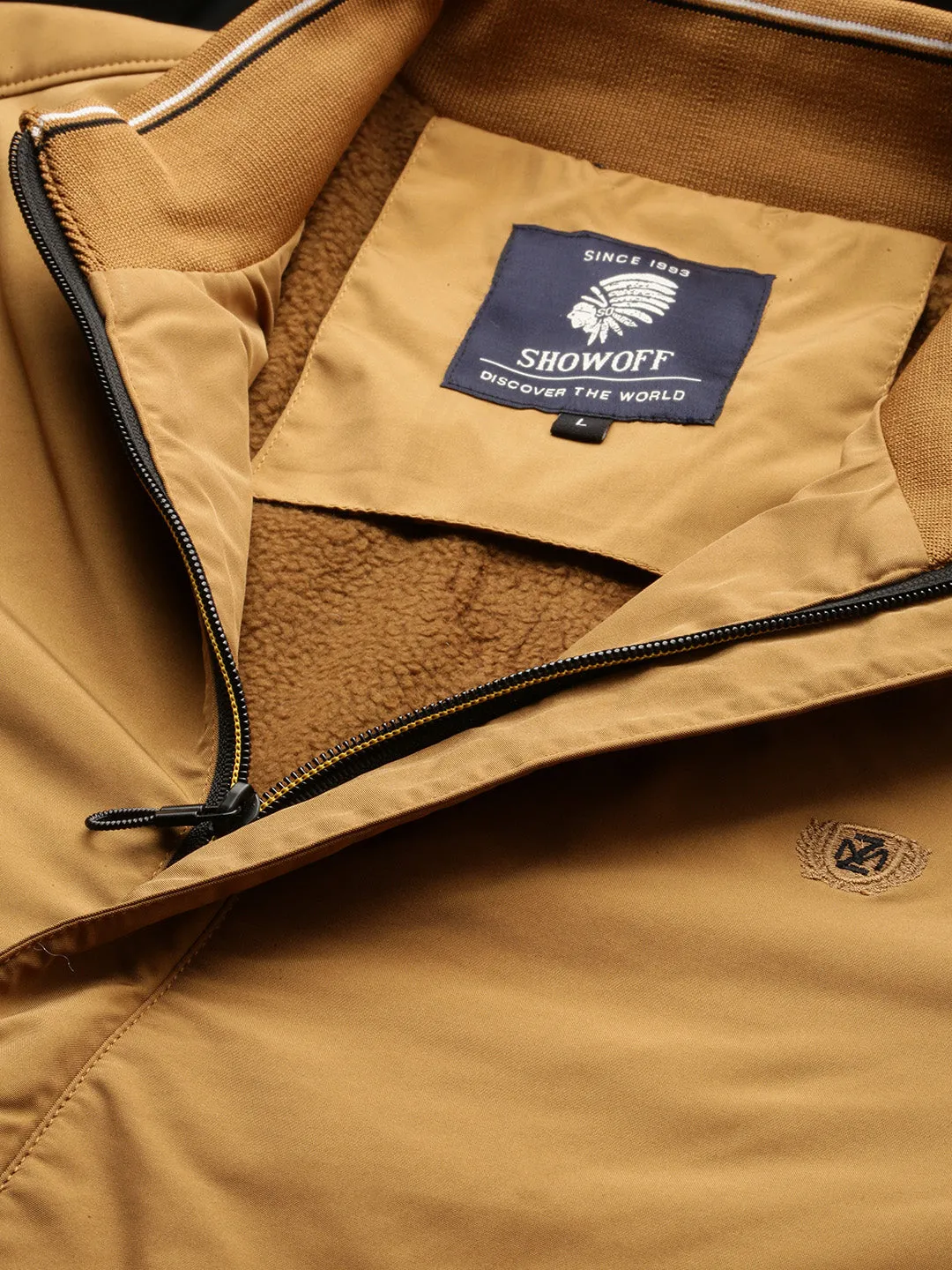 Men Brown Mock Collar Bomber Jacket