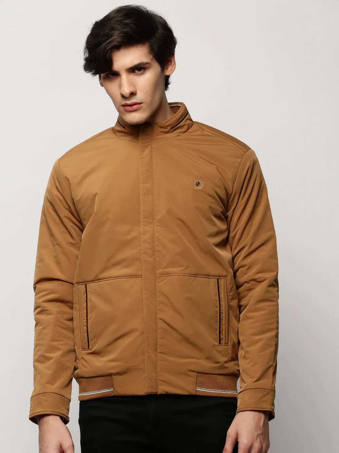 Men Brown Mock Collar Bomber Jacket