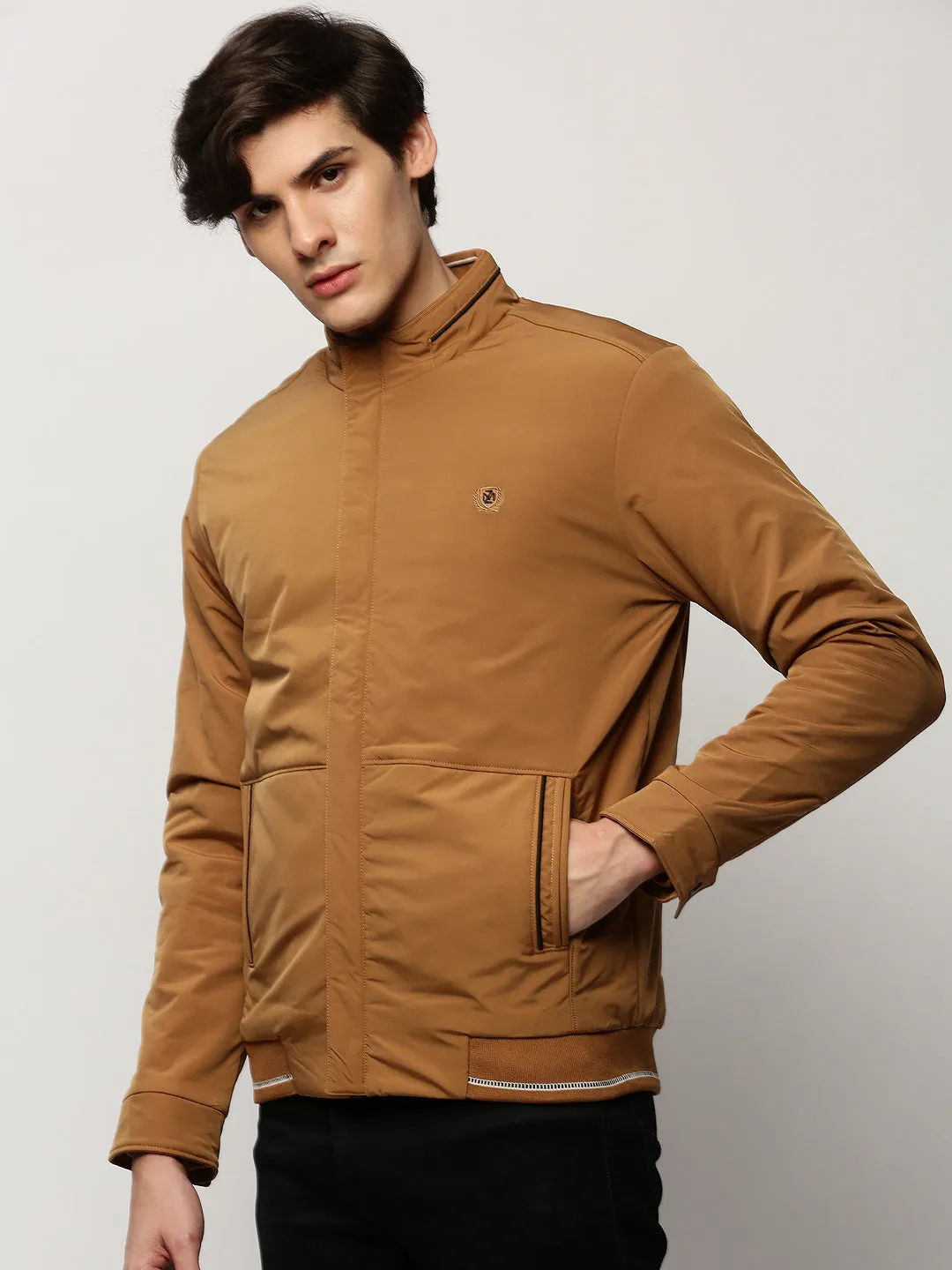 Men Brown Mock Collar Bomber Jacket
