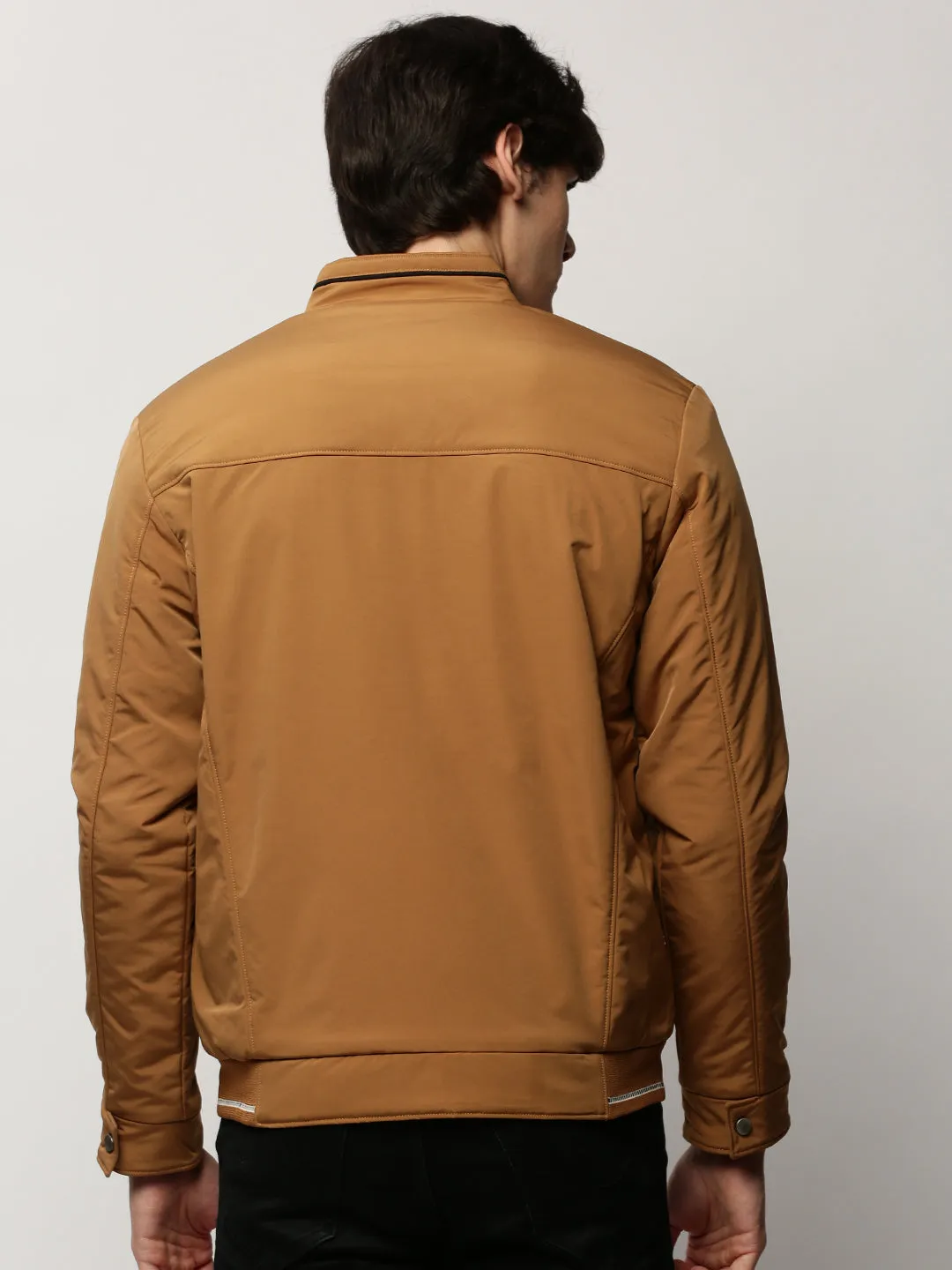 Men Brown Mock Collar Bomber Jacket