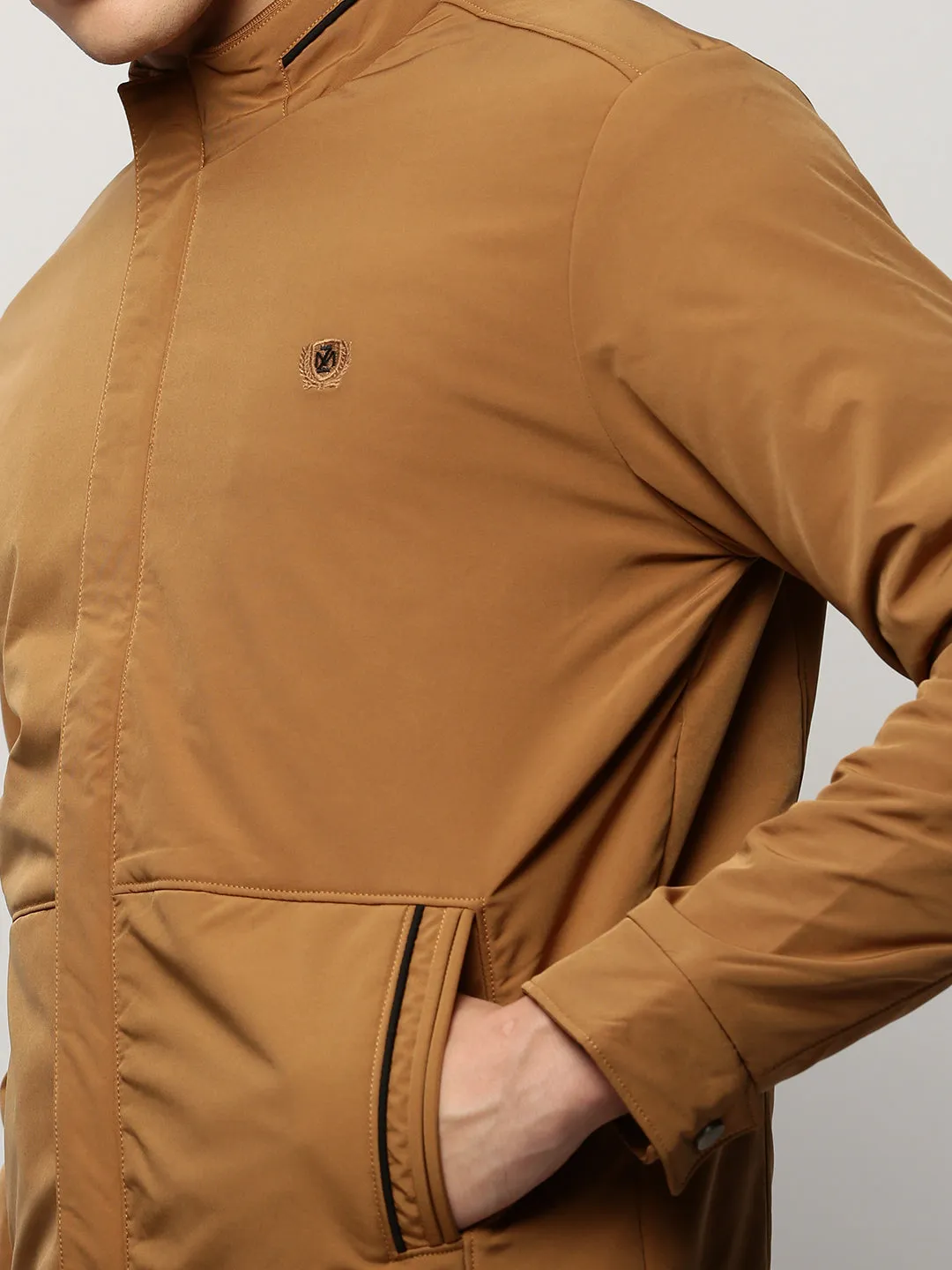 Men Brown Mock Collar Bomber Jacket