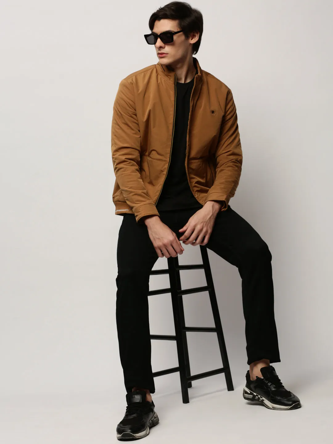 Men Brown Mock Collar Bomber Jacket