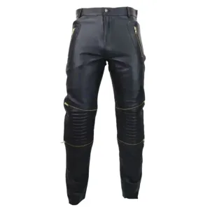 Men's Retro Vintage Black Leather Jeans with Gold Zips - Goth Punk