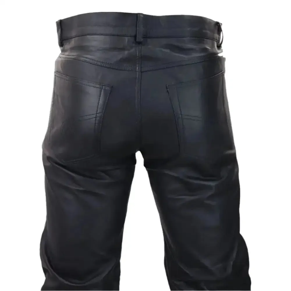 Men's Retro Vintage Black Leather Jeans with Gold Zips - Goth Punk