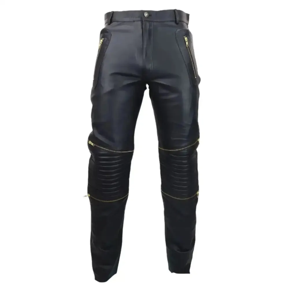Men's Retro Vintage Black Leather Jeans with Gold Zips - Goth Punk