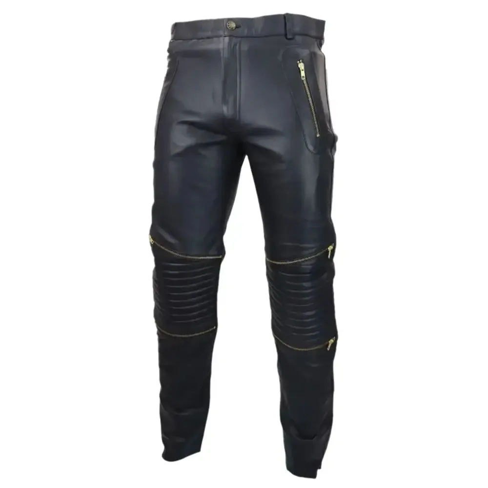 Men's Retro Vintage Black Leather Jeans with Gold Zips - Goth Punk