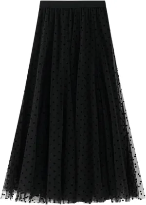 Midi Skirts for Women Women's Flocked Polka Dot Mesh Skirt A Line Mermaidtail Skirt Midi Skirt