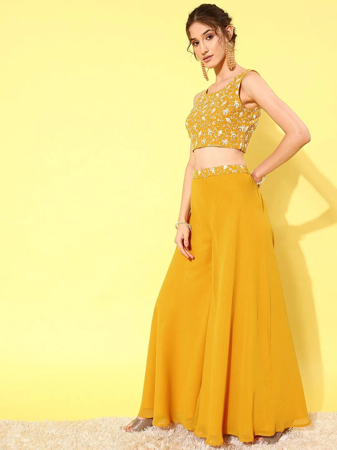 Mustard Embellished Georgette 3 Piece Co-Ords
