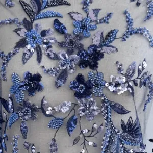 Navy Blue and Lilac Sequin Floral Embroidered Lace Fabric