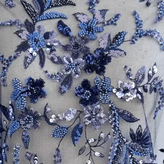 Navy Blue and Lilac Sequin Floral Embroidered Lace Fabric