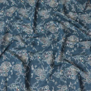 Navy Blue Cotton Lawn Fabric with Intricate Silver Embroidery Print, 110 cm Wide-D19143