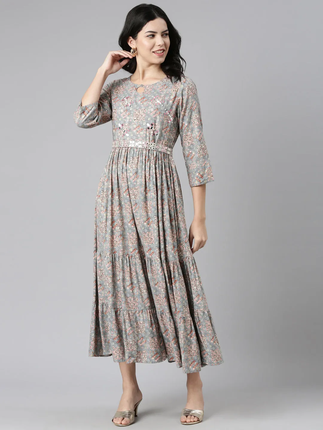 Neeru's Grey Pleated Anarkali Printed Kurtas