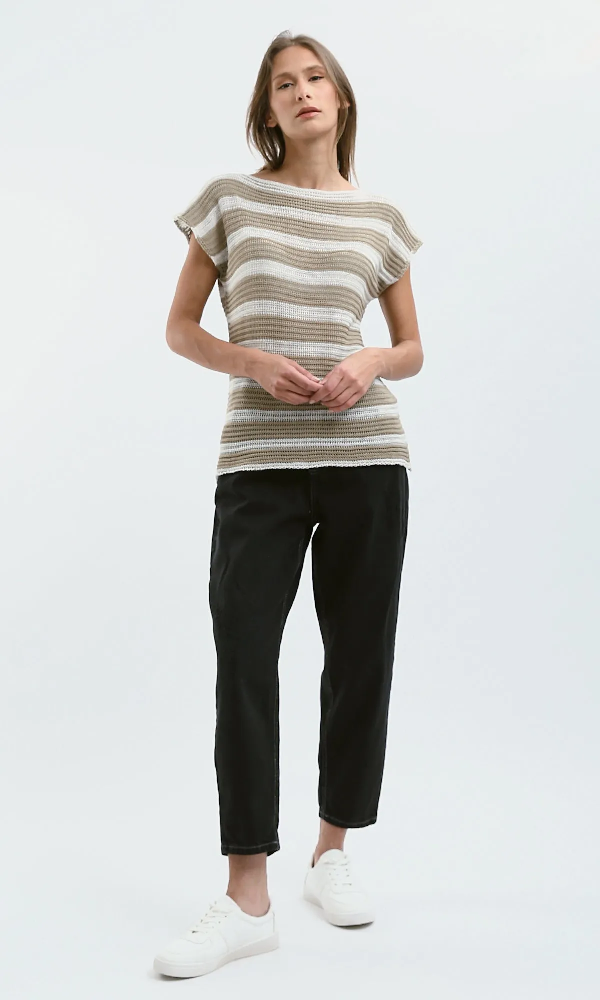 O182711 Striped Beige & White Knitted Short Sleeves Top