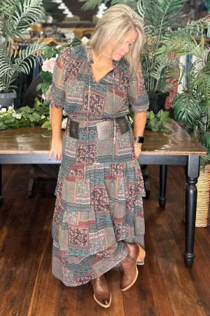 Olive Green Print Tiered Dress by Panhandle