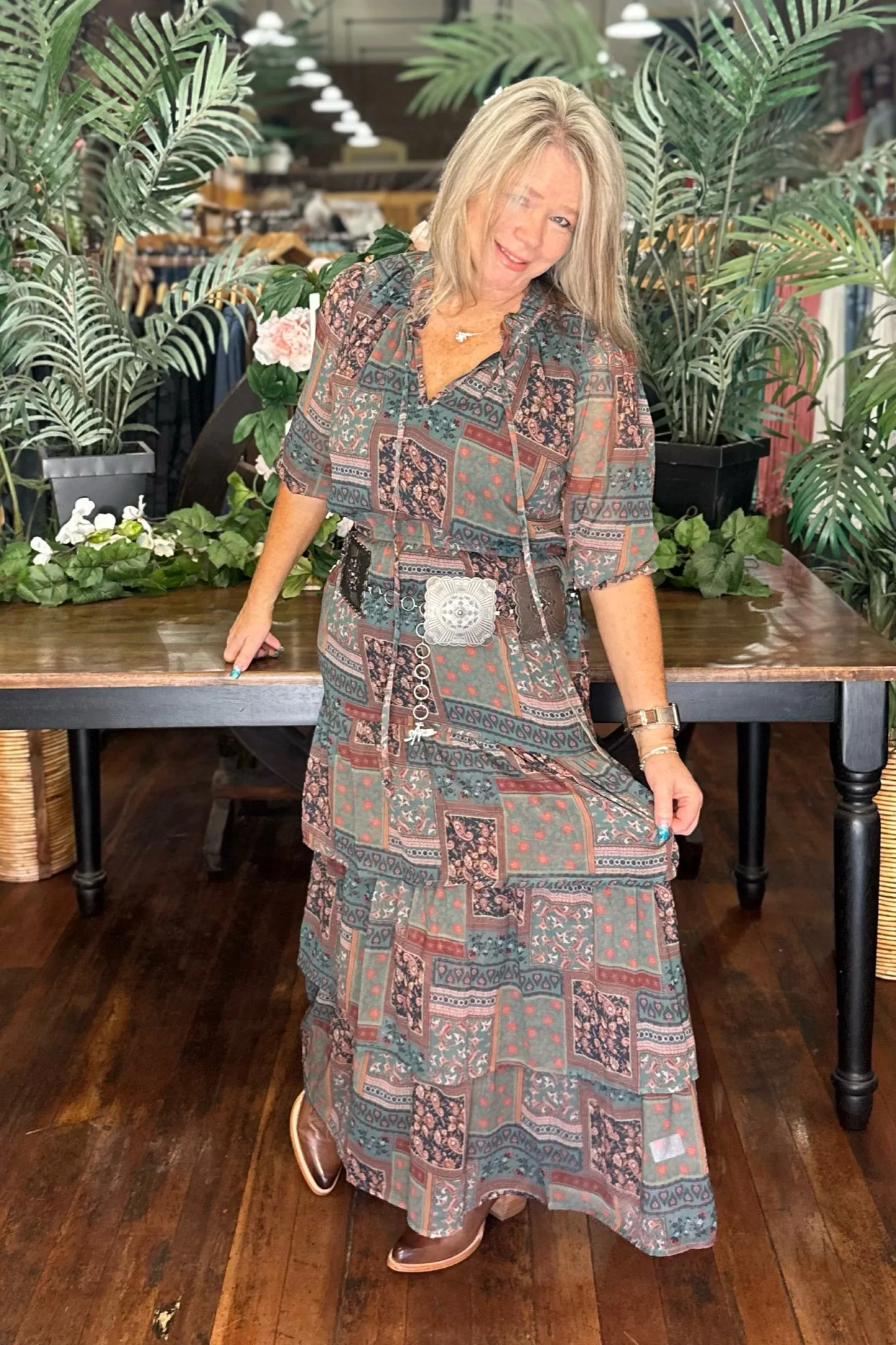 Olive Green Print Tiered Dress by Panhandle
