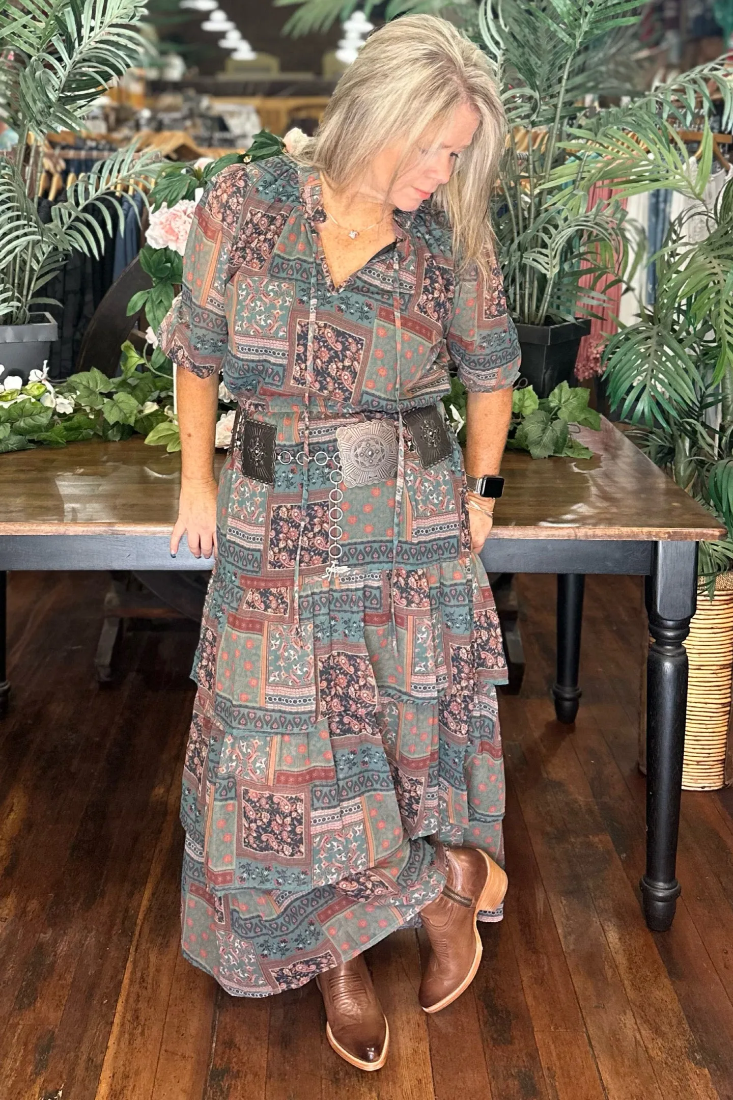 Olive Green Print Tiered Dress by Panhandle