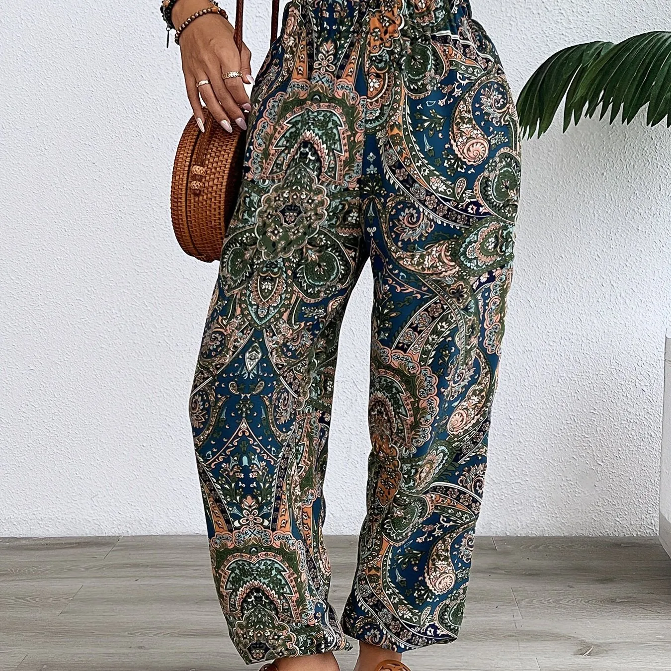 Paisley Print Fitted Bottom Joggers, Casual High Waist Pants For Spring & Summer, Women's Clothing