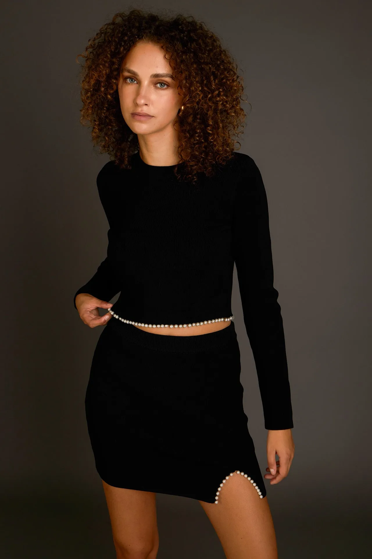 Pearl Accented Cutout Mini Skirt