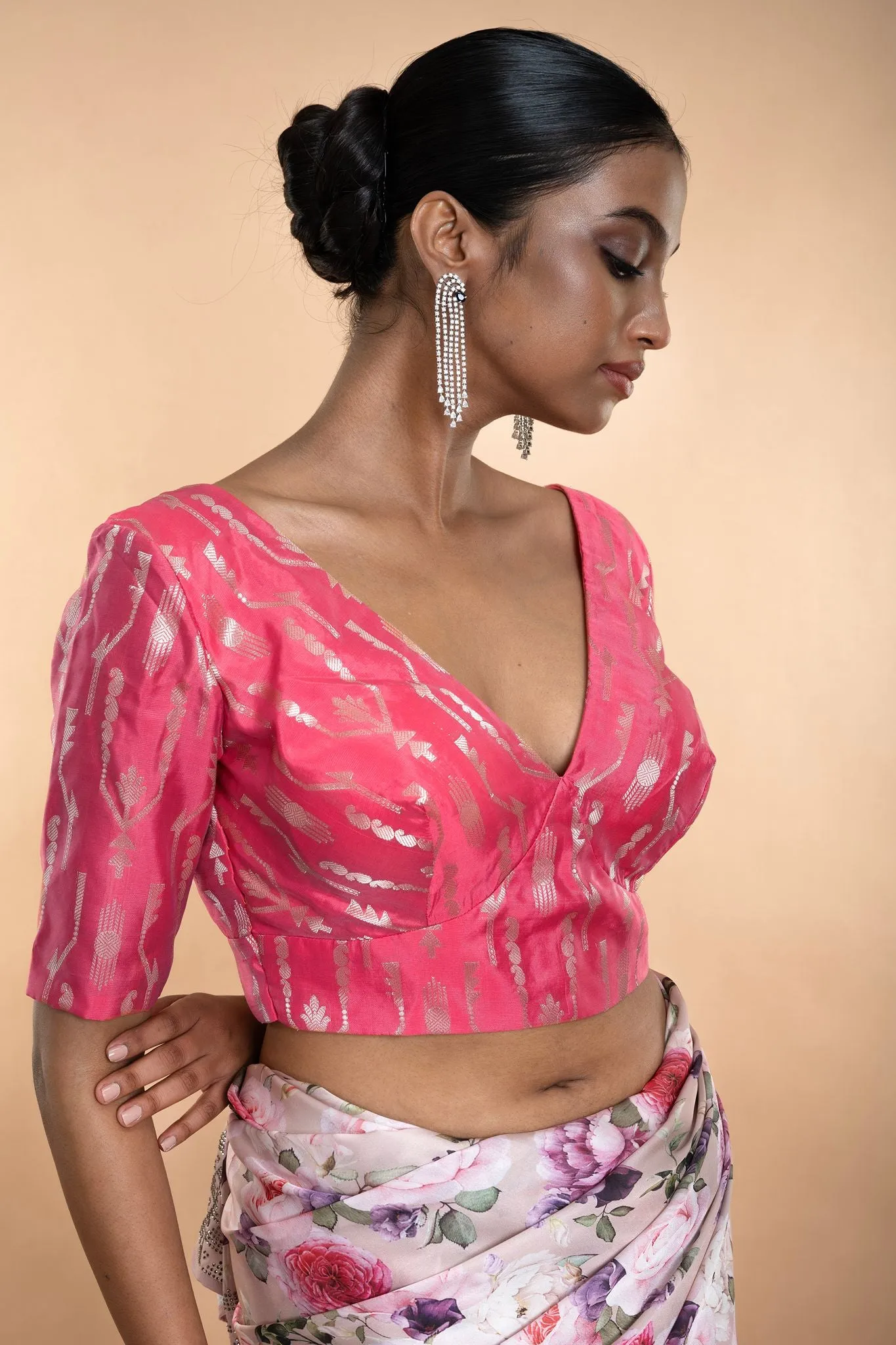 Pink Brocade Blouse with Deep V Neckline and Elbow Length Sleeves